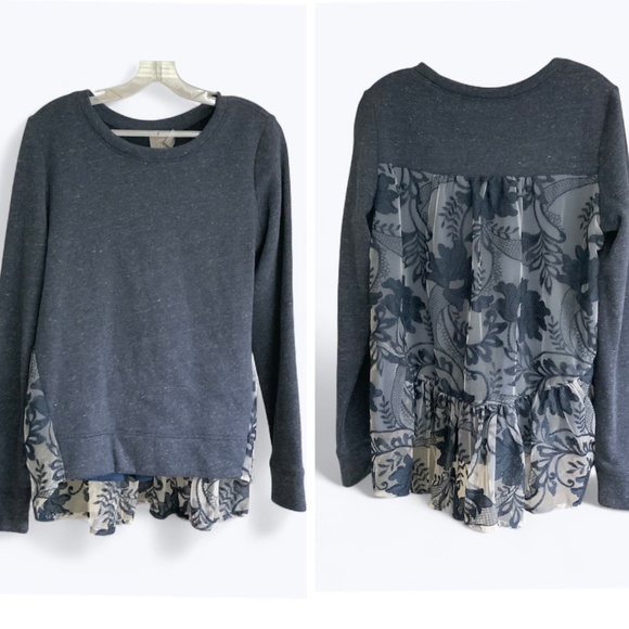 Anthropologie Vanessa Virginia Navy Blue Embroidered Lace Tulle Back Top SZ M - Picture 1 of 14